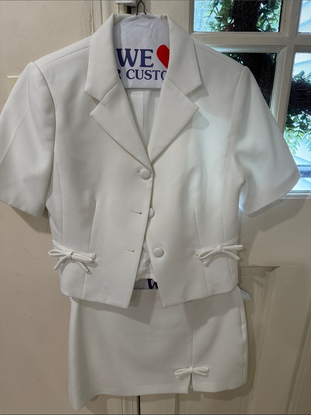 Astr White Short Sleeve Cropped Blazer with Skirt Set